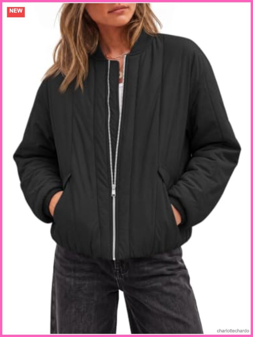 Womens Lightweight Quilted Bomber Jacket Zip Up Puffer Coat Oversized